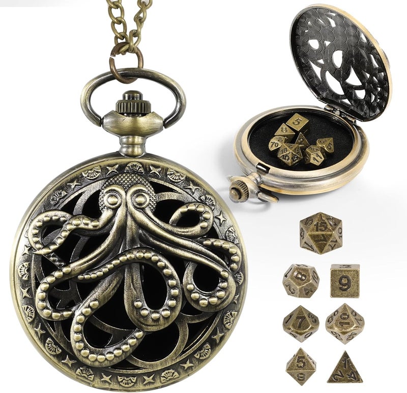 banloga D&D Dice Set,7PCS Metal Dice for Dungeons and Dragons,Mini Dice Set with Pocket Watch Case,Role Playing Board Games Accessories (Octopus, Bronze) - Image 1